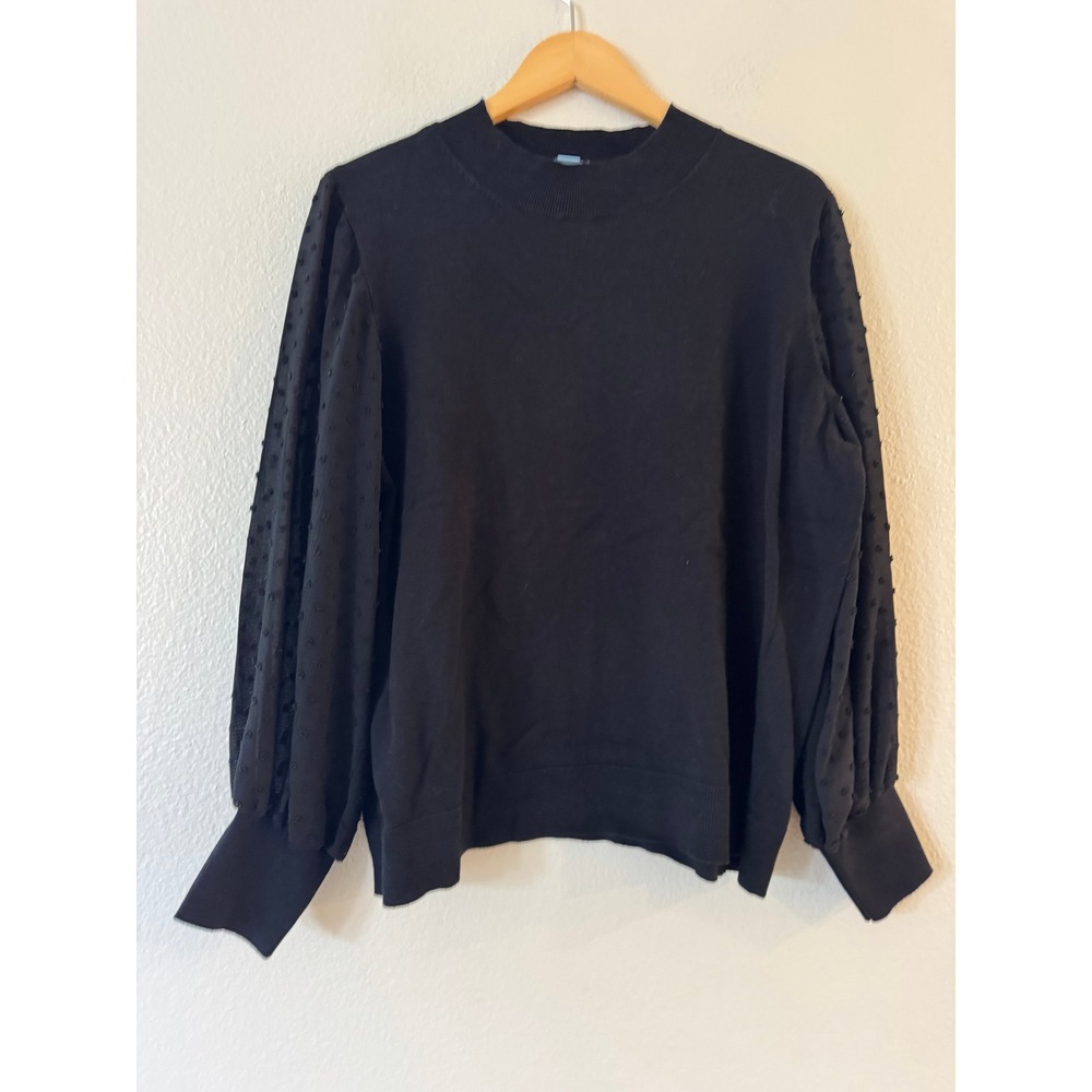 CeCe Sweater Sheer Clip Dot Balloon Sleeve Mock Neck XL Black Excellent Cond